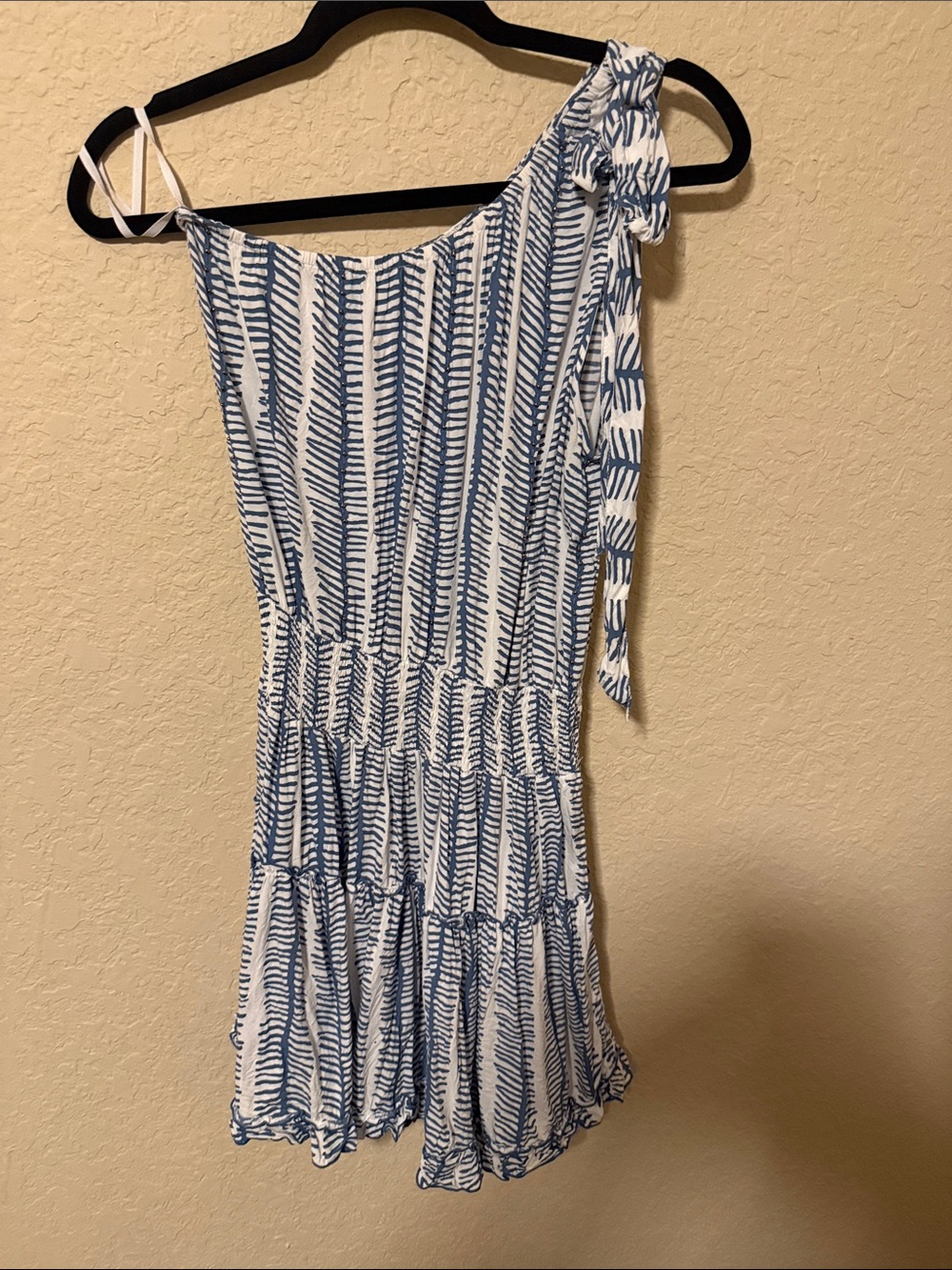 Skemo Blue and White One-Shoulder Tie-Strap Dress size medium